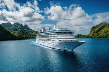Cruise ship sailing tropical bay, island mountains background, travel brochure