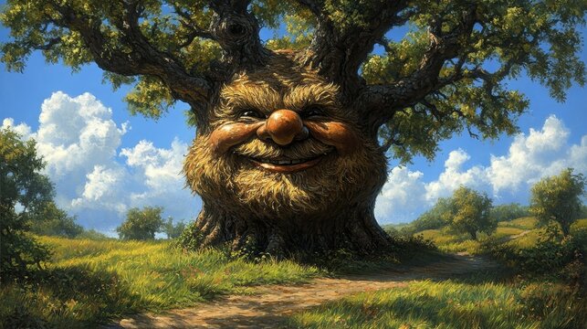 An Anthropomorphic Oak Tree with a jovial, weathered face in a sunny field