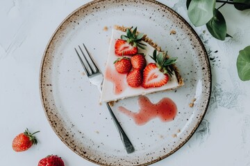 Cheesecake (USA) A classic New York-style cheesecake slice garnished with fresh strawberries and a drizzle of strawberry sauce