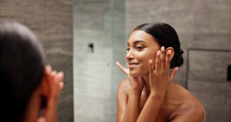 Smile, skincare and mirror with woman in bathroom for beauty, morning routine and cosmetics. Shine,...