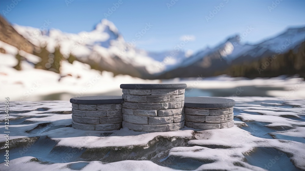 Aufkleber snowy landscape featuring three circular stone platforms atop ice with mountain backdrop and clear b