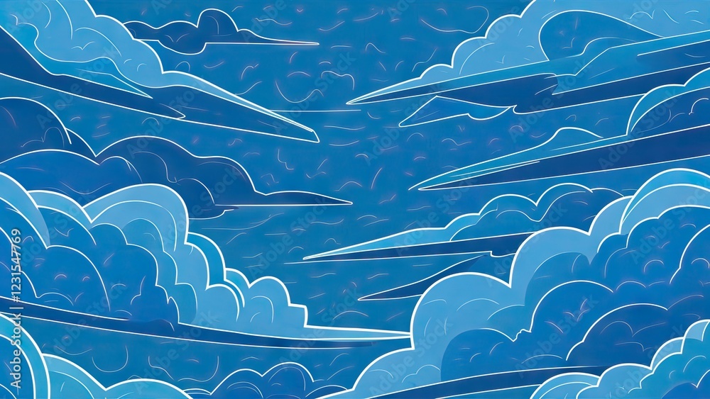 Poster serene blue sky filled with outlined white clouds in layered formations creating an airy atmosphere 