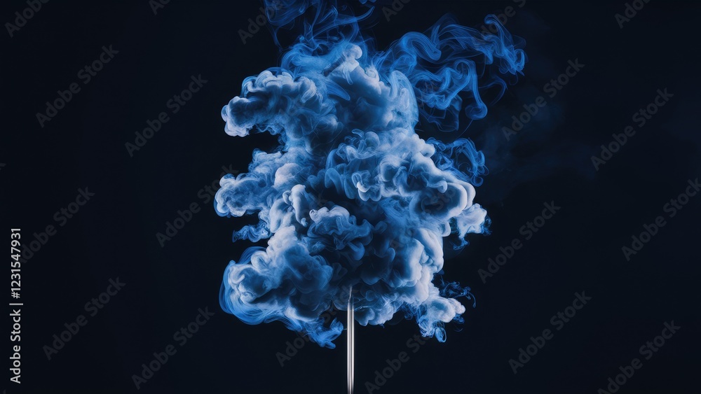 Poster blue smoke swirling elegantly against a dark background with a central vertical plume, creating a me