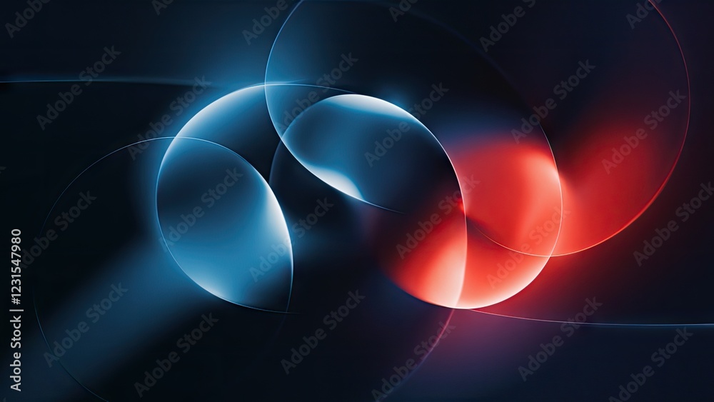 Poster Abstract digital art featuring intersecting blue and red circular shapes on a dark background, creating a harmonious blend of colors and light.