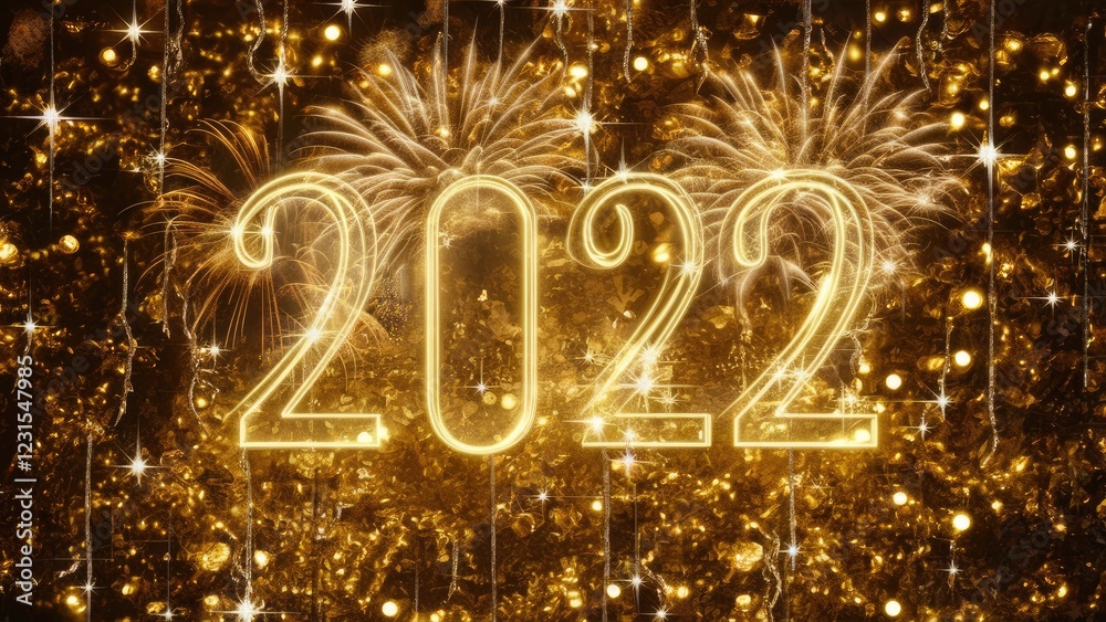 Poster Glistening golden fireworks and sparkling lights with abstract textures in a luxurious festive backdrop highlighting the year 2022 in bright gold