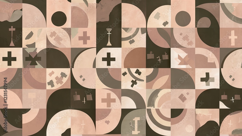 Aufkleber abstract collage of geometric patterns in muted tones of beige, brown, and olive green creating a so