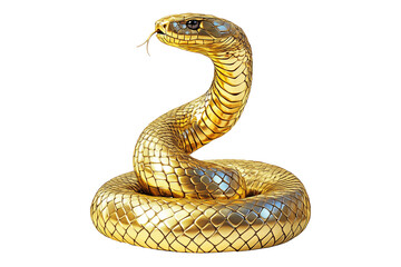 Coiled golden snake sculpture with detailed scales isolated on white transparent background, reptiles or wildlife, symbolizing Chinese Lunar New year