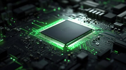 Glowing CPU on circuit board; technology background; computer processing