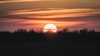 Silhouette of dark trees against a vibrant orange and purple sunset sky with large sun setting on the horizon creating a serene landscape.