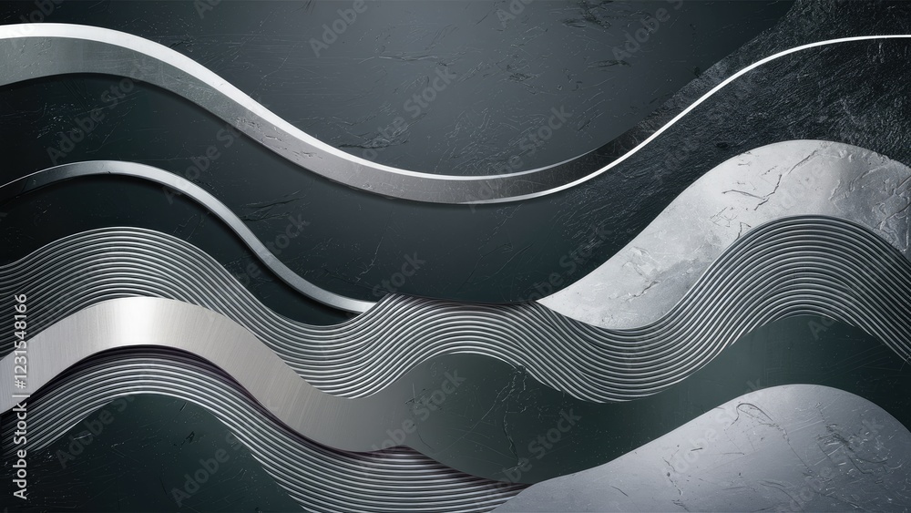 Poster Abstract waves in silver and metallic tones flow across a textured dark gray background creating a dynamic and modern design composition.