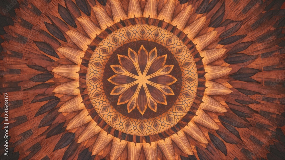 Poster intricate wooden mandala design with warm brown and gold tones, featuring layered leaf patterns in a
