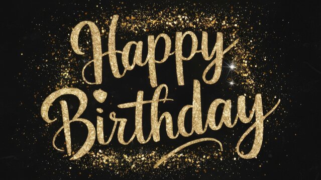 Happy birthday hand lettering in gold glitter on dark background with sparkling accents and decorative flourishes, centrally positioned for emphasis