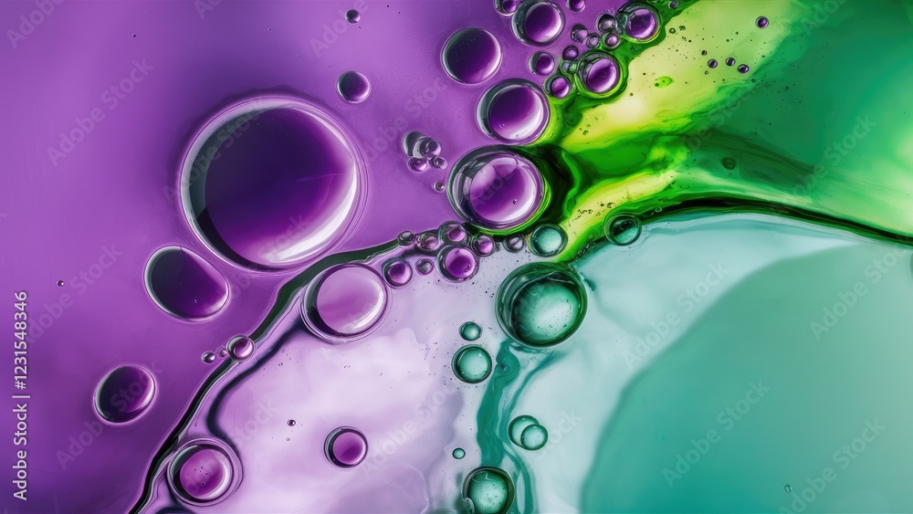 Aufkleber abstract background showcasing vibrant purple and green oil and water bubbles in dynamic arrangement