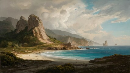 Obraz premium Tranquil coastal landscape with majestic cliffs on the left, azure ocean waves, sandy beach in the foreground, under a cloudy blue sky.