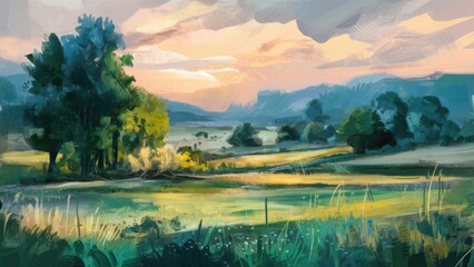Fototapeta premium Vibrant abstract countryside landscape features lush green fields, golden sunlight, and trees, under a colorful sky with soft pastel hues.