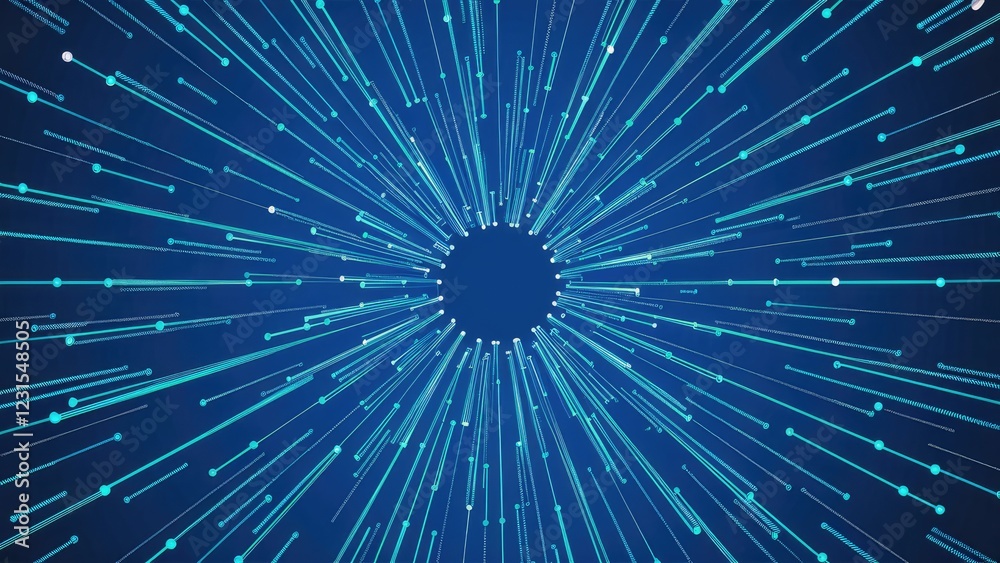 Poster Dynamic radial lines in teal and white radiate from a central dark blue circle, creating a vibrant sense of depth and energy in the composition.
