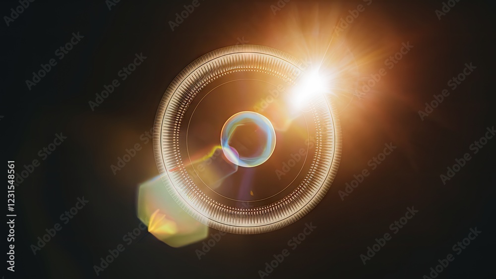 Fototapete circular lens flare forming a glowing orb pattern in warm tones against a dark black background with