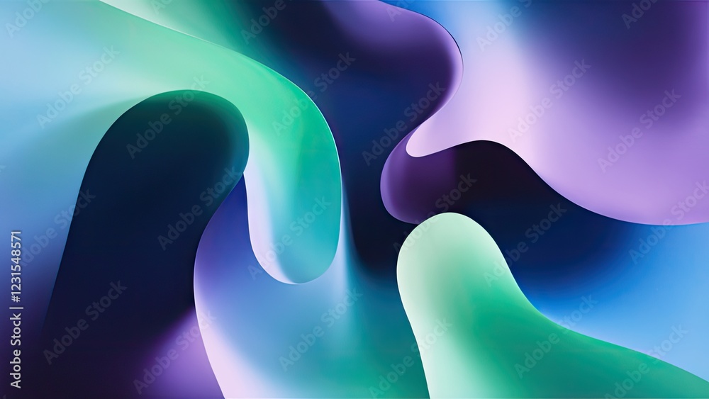 Leinwandbilder Pastel gradient abstract background with smooth flowing curves in shades of blue, purple, and green creating a serene holographic effect.