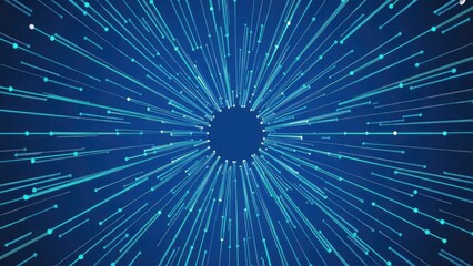 Dynamic radial lines in teal and white radiate from a central dark blue circle, creating a vibrant sense of depth and energy in the composition.