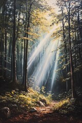 Obraz premium Sunbeams filter through dense forest foliage, creating a peaceful and enchanting woodland scene with a sunlit path.