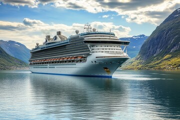 Cruise ship sailing Norwegian fjord, mountains background