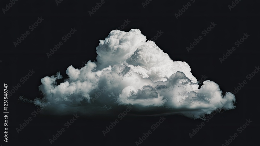 Aufkleber Fluffy white cloud centered on a dark black background with soft shadows highlighting its contours and texture creating a dramatic contrast.