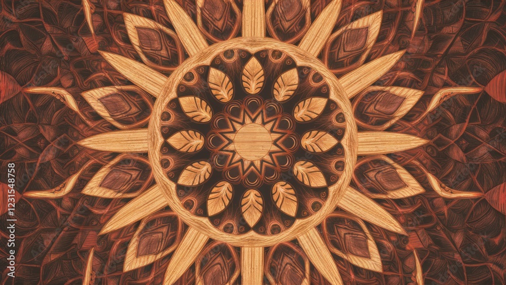 Poster Intricate circular wooden texture with sunburst and leaf patterns in warm brown tones, centered with a floral motif, creating an elegant design.