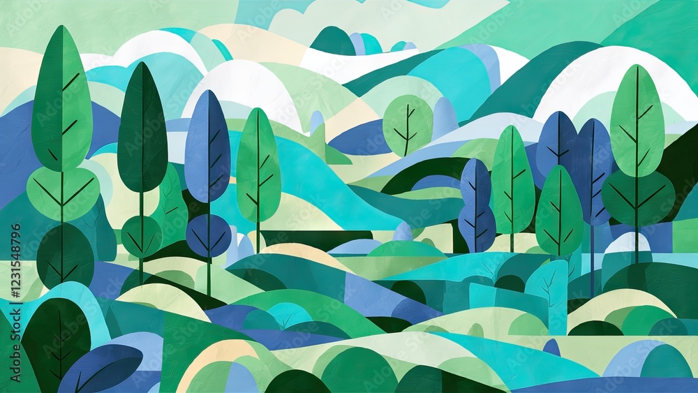 Poster abstract landscape in pastel greens and blues featuring rolling hills and stylized trees in varying 