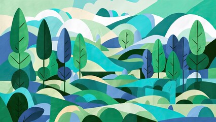 Abstract landscape in pastel greens and blues featuring rolling hills and stylized trees in varying shades, creating a serene, colorful composition.