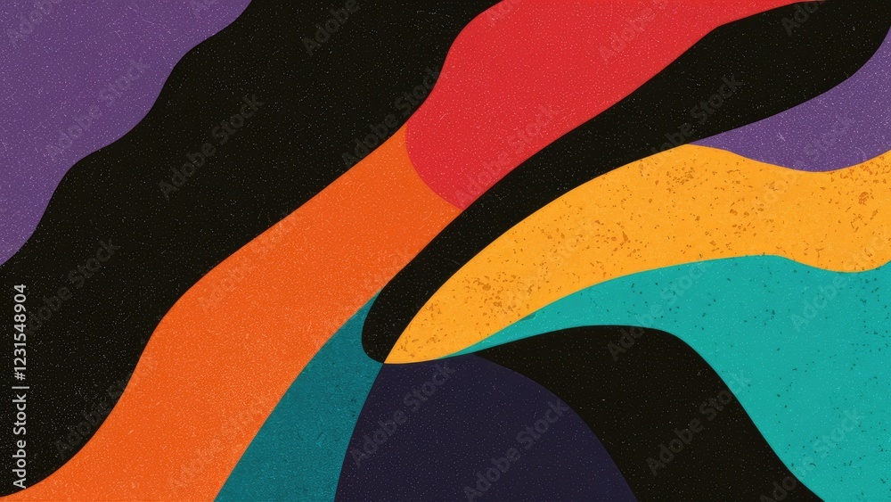 Poster colorful abstract design with smooth flowing shapes in vibrant purple red orange teal and black hues