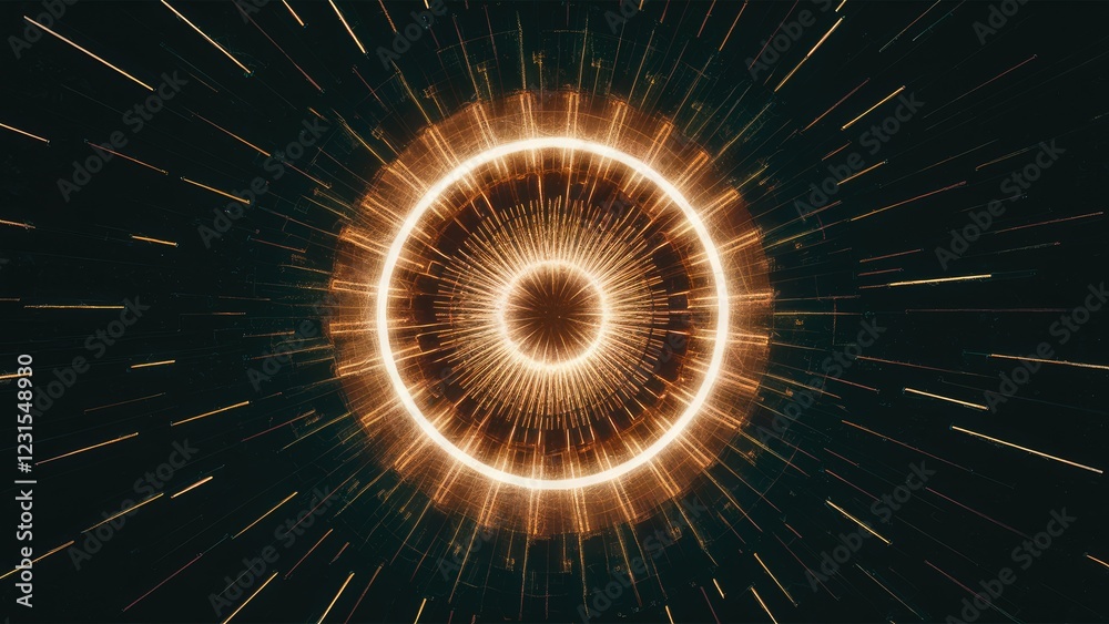 Poster illuminating concentric circles in warm golden hues radiate outward against a dark backdrop creating