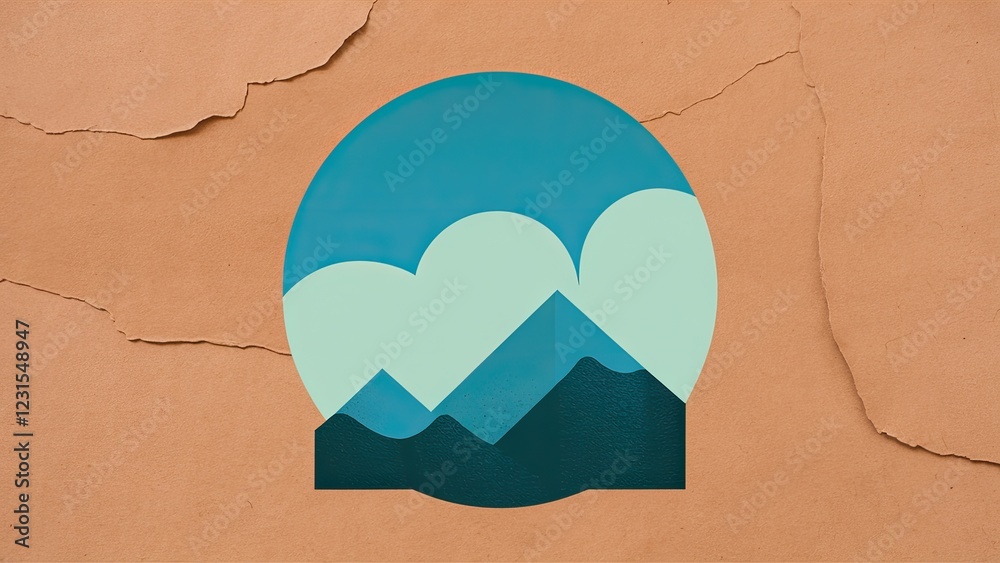 Aufkleber minimalistic logo design featuring a teal circular mountain landscape with a textured brown paper ba