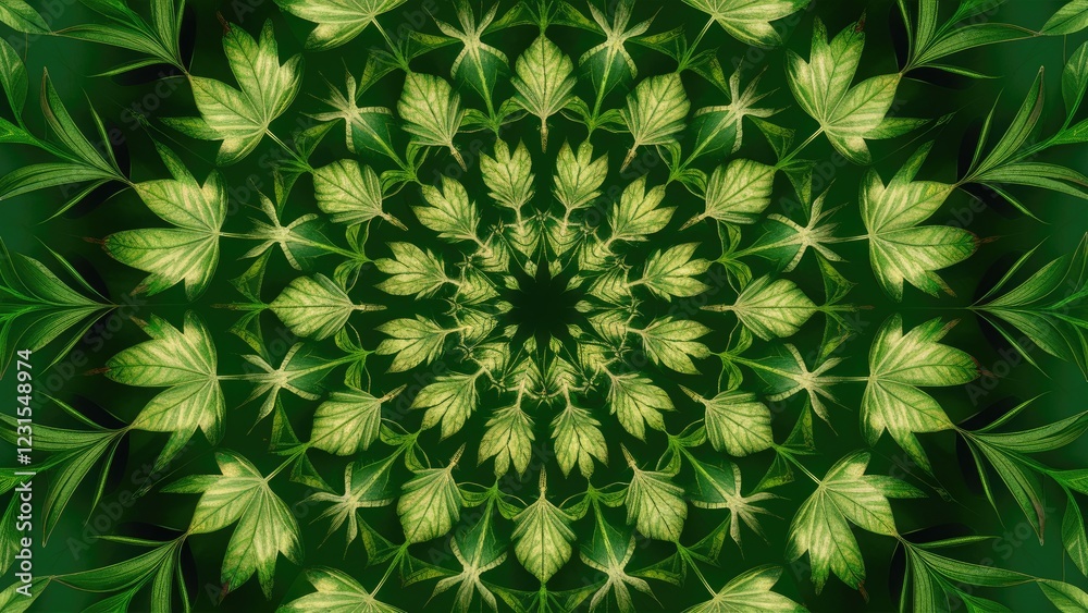 Poster kaleidoscope effect of green leaves forming an intricate ornamental design on a rich green backgroun
