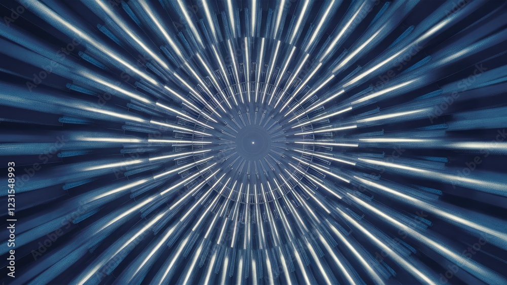 Poster circular abstract backdrop with radial motion blur in shades of blue and white, featuring converging