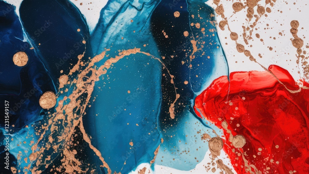 Poster abstract fluid art showcasing deep blue, rich red, and soft gold hues blending fluidly with splashes