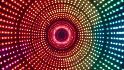 Colorful LED diode pattern forming a concentric circular design with vivid reds, greens, and blues radiating from the center to create an eye-catching background.