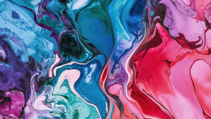Obraz premium Vibrant abstract art featuring swirls of teal blue, deep pink, and rich purple blending together in fluid, dynamic patterns across the canvas.