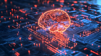 of artificial intelligence with a glowing human brain connected to digital circuits 