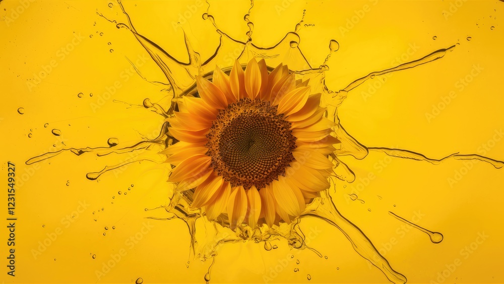 Poster sunflower at center surrounded by vibrant yellow oil splash on a pure white background with dynamic 