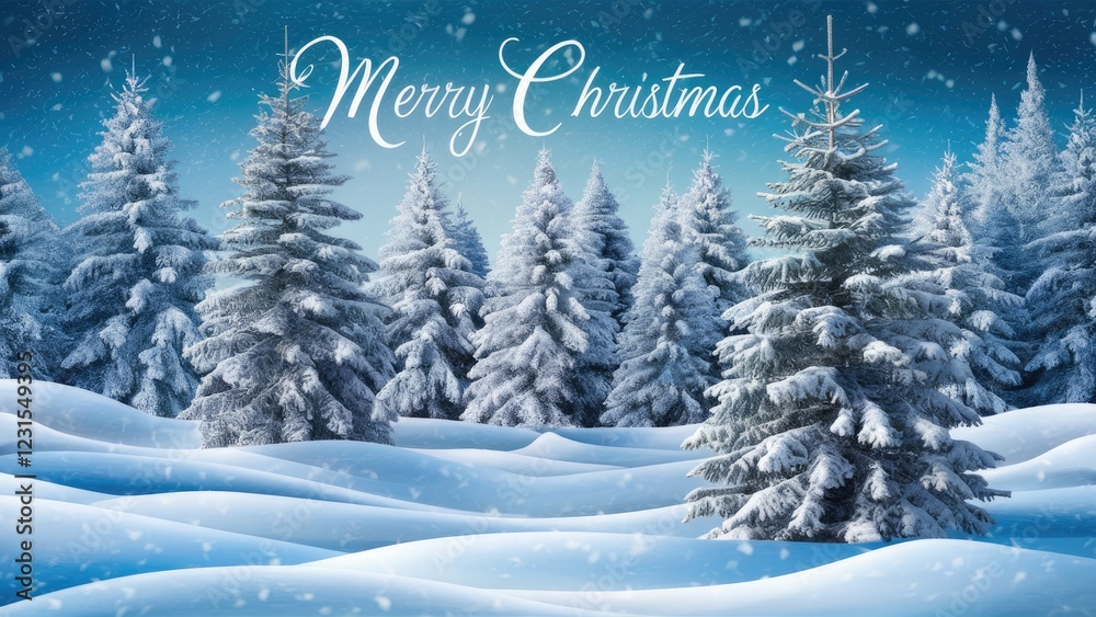 Aufkleber snow-covered evergreen trees in a serene winter landscape with a blue gradient sky and falling snowf