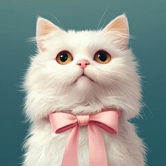 Fototapeta premium Adorable white persian cat with pink ribbon - studio illustration