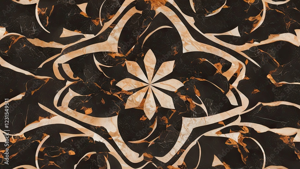 Poster elegant black marble texture featuring intricate cream and gold floral patterns, symmetrical design 