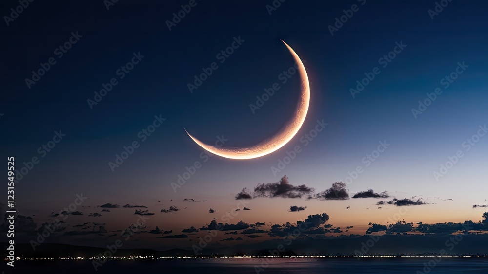 Aufkleber Crescent moon illuminated against a dark blue sky during twilight with distant clouds and horizon lights creating a serene evening atmosphere
