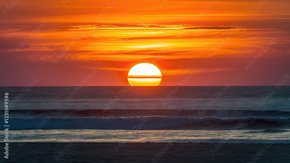 Poster sunset over tranquil beach with vibrant orange hues reflecting on the calm ocean waves under a clear