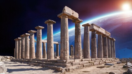 Fototapeta premium Ancient stone columns with detailed textures in foreground set against a vivid space backdrop with a distant planet and bright sunburst.