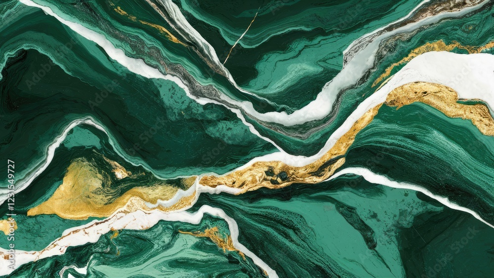 Leinwandbilder abstract green marble texture with white and gold accents flowing diagonally, showcasing deep emeral