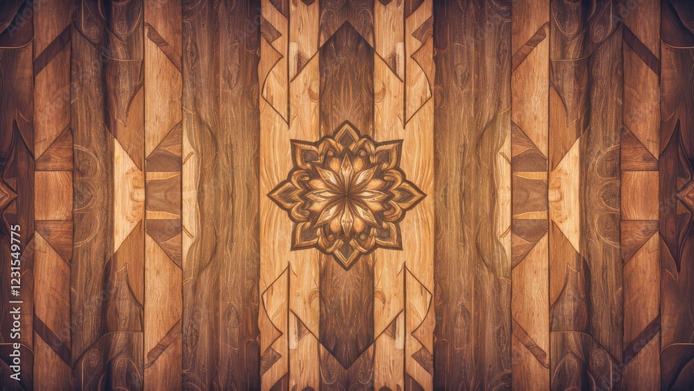 Poster Intricate wood texture with warm brown tones featuring central floral motif and geometric patterns in symmetrical arrangement on a rustic background.