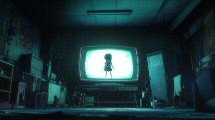 Figure on Television in Dark Room