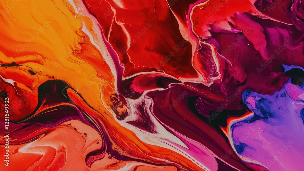 Poster Vibrant abstract fluid art background with swirling shades of orange, red, and purple creating a dynamic and energetic visual experience.