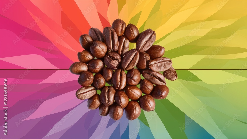 Poster Coffee beans arranged in a circular pattern on a vibrant multicolored backdrop with shades of pink, yellow, and green creating a dynamic composition.